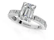 Solitaire Engagement Ring Setting for Emerald Cut Center with Milgrain-Edged Pave Band and Prong Head in Platinum