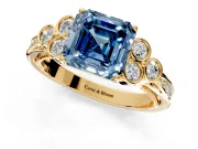Cluster Engagement Ring Setting for Fancy Blue Asscher Cut Center with Bezel Accent Clusters and Prong Head in Yellow Gold