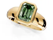 Solitaire Engagement Ring Setting for Fancy Green Emerald Cut Center with Wide Band and Bezel Head in Yellow Gold