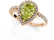 Accent Halo Engagement Ring Setting for Fancy Yellow Pear-Shaped Center with Full-Length Pave Band and Prong Head in Rose Gold