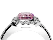 Pave Halo Engagement Ring Setting for Fancy Pink Radiant Cut Center with Single Row Pave Band and Prong Head in Platinum
