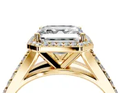 Halo Engagement Ring Setting for Asscher Cut Center with Narrow Pave Split Shank and Prong Head in Yellow Gold