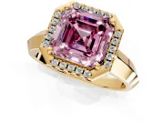 Halo Engagement Ring Setting for Fancy Pink Asscher Cut Center with Knife Ridge Cathedral Band and Prong Head in Yellow Gold