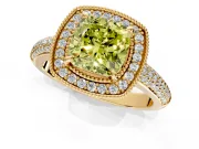 Milgrain Halo Engagement Ring Setting for Fancy Yellow Cushion Cut Center with Three-Sided Pave Band and Prong Head in Yellow Gold