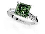 3 Stone Engagement Ring Setting for Fancy Green Princess Cut Center with Channel Baguette Accents and Prong Head in Sterling Silver