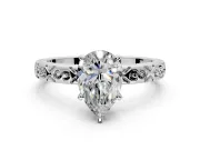 Solitaire Engagement Ring Setting for Pear-Shaped Center with Scrollwork Band and Prong Head in Platinum