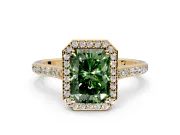 Halo Engagement Ring Setting for Fancy Green Radiant Cut Center with Pave Accents, Heart Basket and Prong Head in Yellow Gold