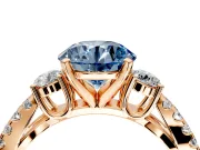 3 Stone Engagement Ring Setting for Fancy Blue Round Cut Center with Pave Split Shank and Prong Head in Rose Gold