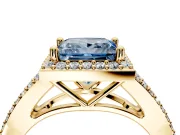Halo Engagement Ring Setting for Fancy Blue Princess Cut Center with Pave Split Shank and Prong Head in Yellow Gold