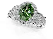 Milgrain Halo Engagement Ring Setting for Fancy Green Oval Center with Shoulder Bezels and Prong Head in Platinum
