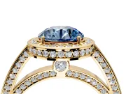Halo Engagement Ring Setting for Fancy Blue Round Cut Center with Framed Halo, Pave Band and Prong Head in Yellow Gold