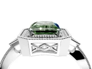 Halo Engagement Ring Setting for Fancy Green Radiant Cut Center with Milgrain Rim, Pave Band and Prong Head in Sterling Silver