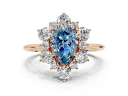 Small-Accent Cluster Halo Engagement Ring Setting for Fancy Blue Pear-Shaped Center with Plain Band and Prong Head in Rose Gold