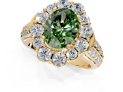 Large Accent Halo Engagement Ring Setting for Fancy Green Oval Center with Pave Split Shank and Prong Head in Yellow Gold