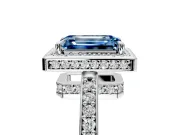 Halo Engagement Ring Setting for Fancy Blue Emerald Cut Center with Metal-Rimmed Halo, Pave Band and Prong Head in Platinum