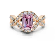Halo Engagement Ring Setting for Fancy Pink Emerald Cut Center with Pave Infinity Twist Band and Prong Head in Rose Gold