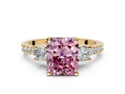 3 Stone Engagement Ring Setting for Fancy Pink Radiant Cut Center with Round Cut Side Accents and Prong Head in Yellow Gold