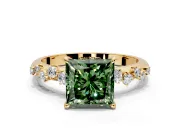 Cluster Engagement Ring Setting for Fancy Green Princess Cut Center with Round Cut Accent Band and Prong Head in Yellow Gold
