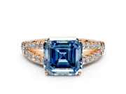 Solitaire Engagement Ring Setting for Fancy Blue Asscher Cut Center with Pave Split Shank and Prong Head in Rose Gold
