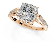 Cathedral Engagement Ring Setting for Cushion Cut Center with Antique-Style Pave Band and Prong Head in Rose Gold