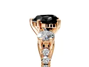 3 Stone Engagement Ring Setting for Fancy Black Heart-Shaped Center with Crossover Basket, Pave Band and Prong Head in Rose Gold