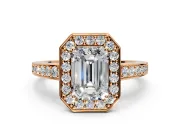 Bezel-Framed Halo Engagement Ring Setting for Emerald Cut Center with Pave Band and Prong Head in Rose Gold
