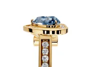 Halo Engagement Ring Setting for Fancy Blue Heart-Shaped Center with Outer Bezel Rim, Pave Band and Prong Head in Yellow Gold
