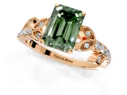 Leaf Motif Engagement Ring Setting for Fancy Green Emerald Cut Center with Pave Band and Prong Head in Rose Gold