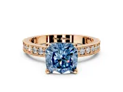 Milgrain Pave Engagement Ring Setting for Fancy Blue Cushion Cut Center with Accent Band and Prong Head in Rose Gold