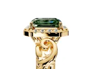 Halo Engagement Ring Setting for Fancy Green Emerald Cut Center with Open Scroll Shoulders and Prong Head in Yellow Gold