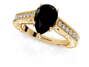 Solitaire Engagement Ring Setting for Fancy Black Pear-Shaped Center with Engraved Pave Band and Prong Head in Yellow Gold