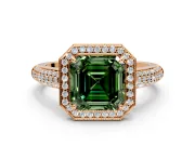 Milgrain Halo Engagement Ring Setting for Fancy Green Asscher Cut Center with Three-Sided Pave Band and Prong Head in Rose Gold