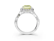 Halo Engagement Ring Setting for Fancy Yellow Asscher Cut Center with Leaf Motif Split Shank and Prong Head in Platinum