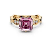 Solitaire Engagement Ring Setting for Fancy Pink Asscher Cut Center with Accented Twist Band and Leaf Prong Head in Yellow Gold