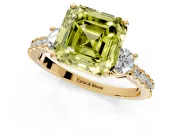 3 Stone Engagement Ring Setting for Fancy Yellow Asscher Cut Center with Round Cut Side Accents and Prong Head in Yellow Gold