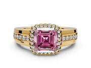 Halo Engagement Ring Setting for Fancy Pink Asscher Cut Center with Wide Band, Inlaid Accent Row and Prong Head in Yellow Gold