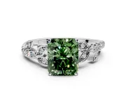 Leaf Motif Engagement Ring Setting for Fancy Green Radiant Cut Center with Pave Band and Prong Head in White Gold