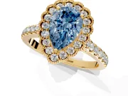 Milgrain Floral Halo Engagement Ring Setting for Fancy Blue Pear-Shaped Center with Pave Band and Prong Head in Yellow Gold