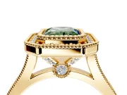 Halo Engagement Ring Setting for Fancy Green Radiant Cut Center with Milgrain Frame, Pave Band and Prong Head in Yellow Gold