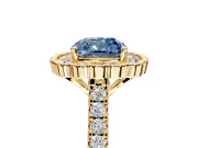Milgrain Floral Halo Engagement Ring Setting for Fancy Blue Cushion Cut Center with Pave Band and Prong Head in Yellow Gold