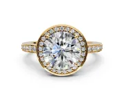Halo Engagement Ring Setting for Round Cut Center with Metal-Rimmed Halo, Pave Band and Prong Head in Yellow Gold