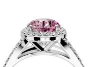 Halo Engagement Ring Setting for Fancy Pink Round Cut Center with Narrow Pave Split Shank and Prong Head in Platinum