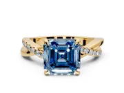Solitaire Engagement Ring Setting for Fancy Blue Asscher Cut Center with Half-Pave Crossover Band and Prong Head in Yellow Gold