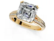 Solitaire Engagement Ring Setting for Asscher Cut Center with Pave Rail Split Shank and Prong Head in Yellow Gold
