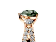 3 Stone Engagement Ring Setting for Fancy Green Heart-Shaped Center with Pave Split Shank and Prong Head in Rose Gold