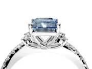 Paired Accent Engagement Ring Setting for Fancy Blue Radiant Cut Center with Pave Band and Prong Head in Platinum