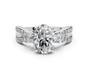 3 Stone Engagement Ring Setting for Oval Center with Pave Twist Band and Prong Head in Platinum