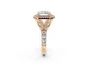 Double Halo Engagement Ring Setting for Radiant Cut Center with Narrow Pave Split Shank and Prong Head in Rose Gold