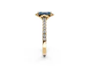 Floral Engagement Ring Setting for Fancy Blue Emerald Cut Center with Pave Band and Floral Prong Head in Yellow Gold
