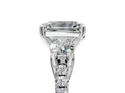 3 Stone Engagement Ring Setting for Emerald Cut Center with Crossover Basket, Pave Band and Prong Head in Platinum